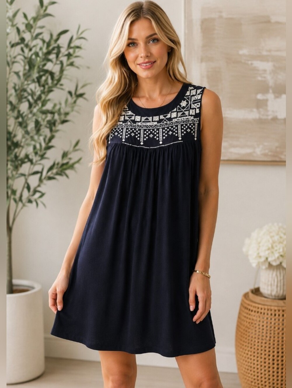 🎉SALE Love, Fire Navy Blue Dress White Embroidered Geometric Design